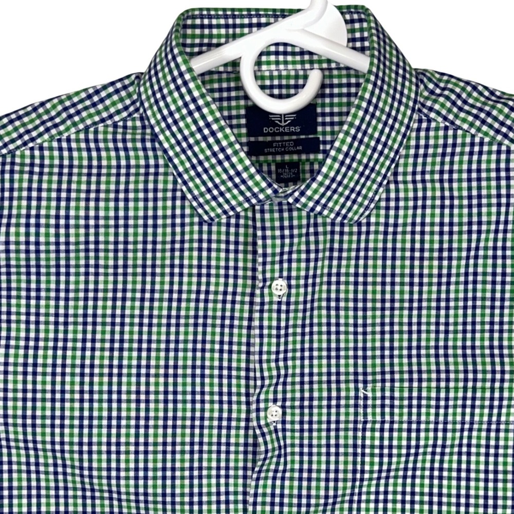 Dockers Mens Fitted Stretch Collar Gingham Button Down Shirt Green Navy L 34/35